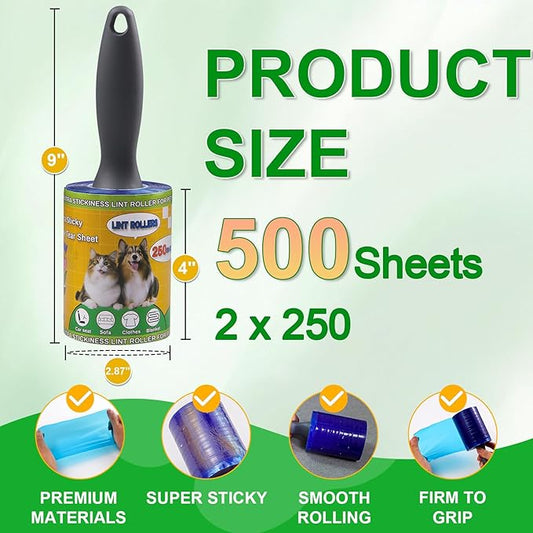 Lint Roller for Pet Hair 500 Sheets Extra Sticky Pet Hair Remover for Clothes Furniture Carpet Cleaner Cars Dogs Travel-Friendly Grip Handle Blue