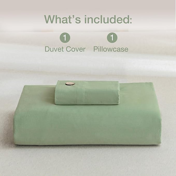 JELLYMONI Cotton Duvet Cover Twin Size - Light Green Comforter Cover with Button 100% Washed Cotton 2PCS Breathable Soft Solid Bedding Set Duvet Cover 68×90in & 1 Pillowcase (NO Comforter)
