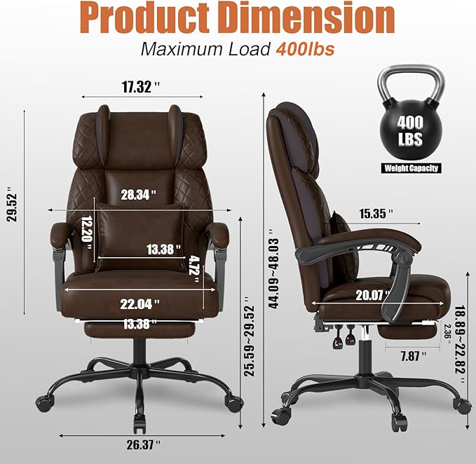 Ergonomic Office Chair with Footrest, 400lbs High Back Executive Home Office Computer Chair with Unique Ear-Shape Headrest for Neck Support,Coffee Leather Office Chairs for Home Office Work