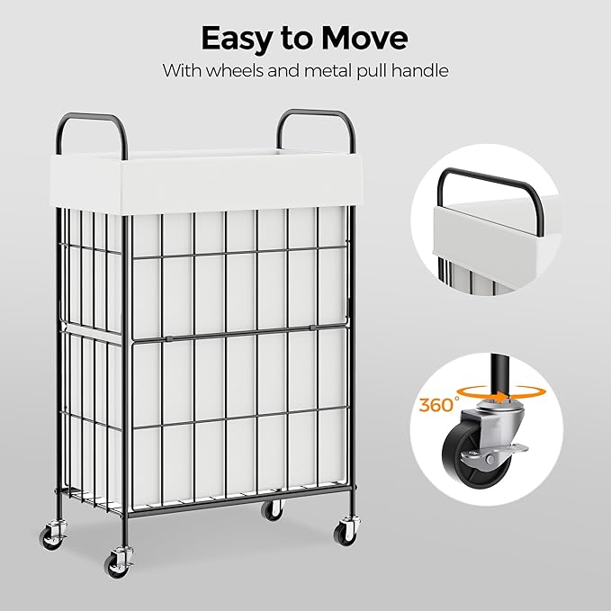 Slim Laundry Hamper, 60L Laundry Basket with Wheels, Clothes hamper with Removable Liner Bag