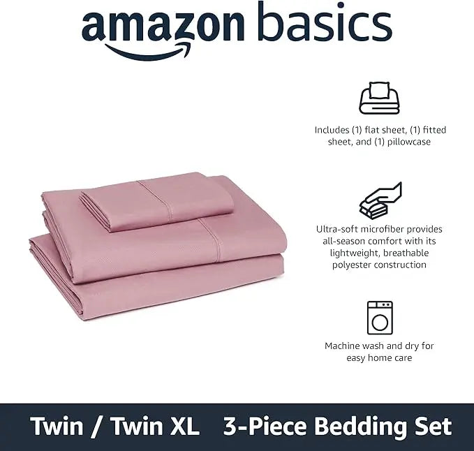 Amazon Basics Lightweight Microfiber 3-Piece Bed Sheet Set, Rose, Solid, Twin XL AmazonBasics