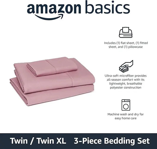 Amazon Basics Lightweight Microfiber 3-Piece Bed Sheet Set, Rose, Solid, Twin XL AmazonBasics