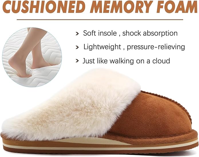 KuaiLu Womens Fluff Dual Memory Foam Slippers Ladies Cozy Arch Support Warm Scuff Slippers Slip on Comfy Winter House Shoes with Non-Slip Indoor Outdoor Hard Sole