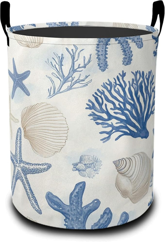 Vintage Starfish Laundry Basket, Shells Oxford Cloth Laundry Hamper With Handle Foldable Portable Clothes Storage Basket Storage Bag For Laundry Room/Bathroom/Bedroom/Dormitories