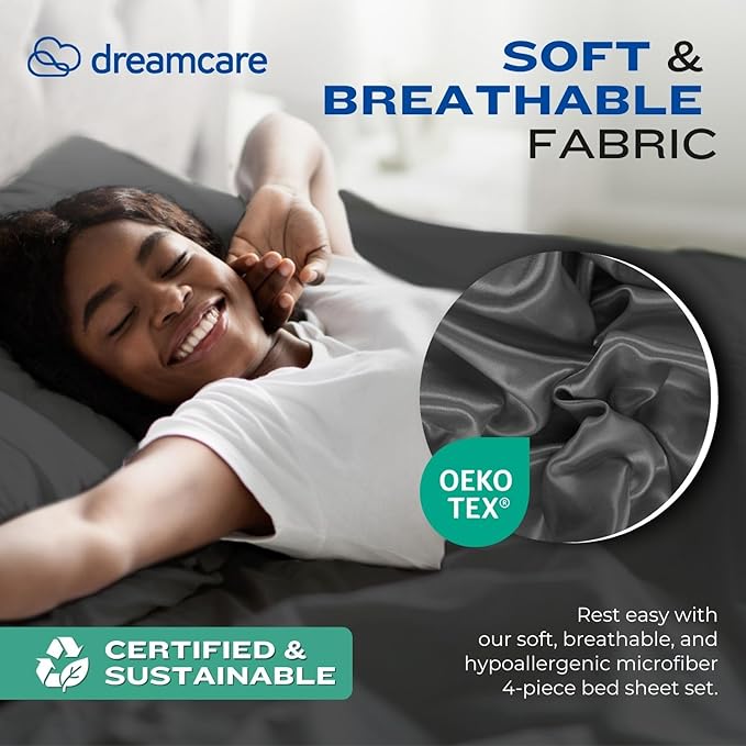 DREAMCARE Full Size Sheets – 4 pcs Cooling Sheets – up to 21” Deep Full Sheet Set – Hotel Luxury Pillowcases – Superior Softness 100% Fine Microfiber with Side Pocket – Gray DREAMCARE