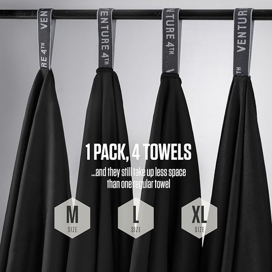 VENTURE 4TH - 4pcs Quick Dry Towels. Microfiber Travel Towels. Lightweight & Fast Drying Travel Towels for Body. Compact & Easy to Pack - 4 Pack Black Extra Large