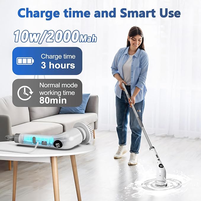 Qimedo Handheld Spin Scrubber with Extended Long Handle, Rechargeable Electric Scrubber for Cleaning, Cordless Power Dish Scrubber with 6 Brushes for Bathtub Grout Tile Floor