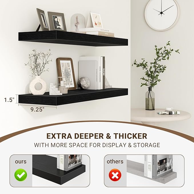 72 Inch Floating Shelves, 3D Textured Wood Grain, 72"x9.25"x1.5" Inch Deep Floating Shelves for Wall, Wooden Shelves for Bathroom, Bedroom, Living Room, Black, 1 Piece
