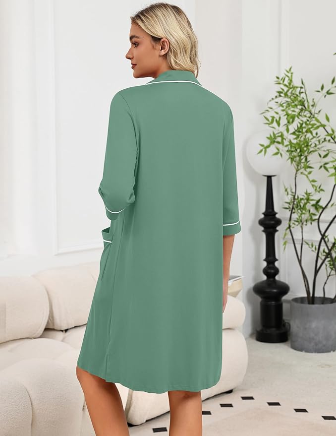 Ekouaer Zipper Robes for Women 3/4 Sleeve Housecoats Knee Length Bathrobe Lightweight Nightgown with Pockets S-3XL