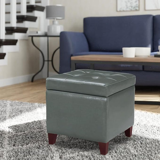 18x18 Faux-Leather Square Storage Ottoman with Hinged Lid Padded Lift Top Footstool, Grey Cement