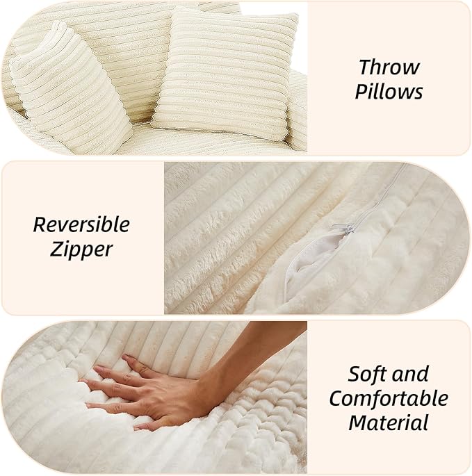 Oversized Chaise Lounge Chair Indoor Corduroy Sofa Bed with Throw Pillows Recliner Chair Comfy Large Deep Seat Sofa Couch for Living Room, Bedroom, Apartment (White)