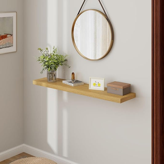 Fun Memories Farmhouse Floating Shelves for Wall, 48 x 9.3 Large Floating Shelf Wall Mounted, Rustic Wood Shelves for Bathroom, Kitchen, Living, Heavy-Duty Storage Deep Shelf for Books, Decor, Oak