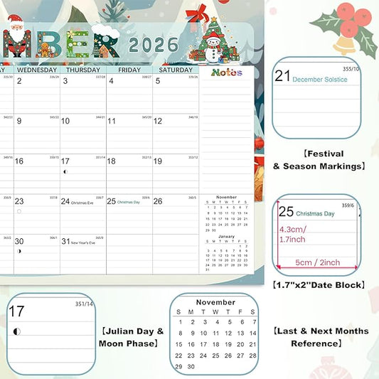 Desk Calendar 2026, Anti Ink Bleed, Plastic Cover, Ample Space, Until June 2027 with Stickers, 17" x 12" Large Seasonal Wall Calendar 2026 for Home, Office, Student & Teacher Supplies- Colorful