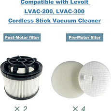 Dttery Filter Replacement for Levoit LVAC-200, LVAC-300 Cordless Stick Vacuum, LSV-V201-WUS, LSV-V202PE-BUS, 4 Pre-Motor, 2 Post-Motor Filters