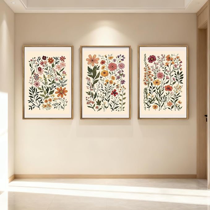 BINCUE Neutral Framed Wildflower Wall Art Set of 3 Colorful Floral Wall Decor Vintage Flower Art Prints Set of 3 for Living Room Bedroom Bathroom 16x24 Inches