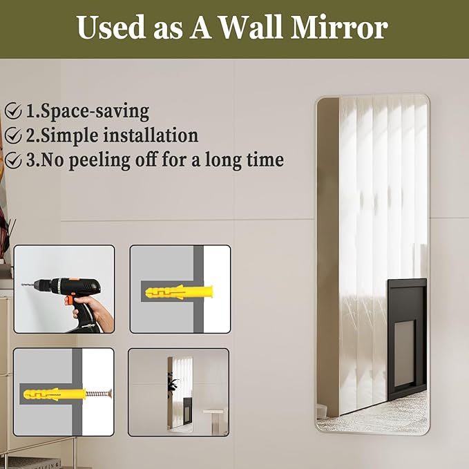 BEAUTYPEAK 14"x48" Full Length Over The Door Mirror, Aluminum Alloy Frame Full Body Mirror with Height-Adjustable Hangers, Hanging Mirrors for Bedroom, Living Room, Bathroom, Silver