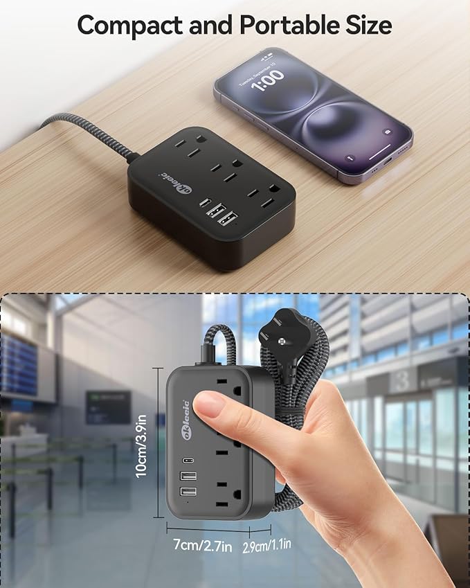 Flat Plug Power Strip with USB C Ports, Black Extension Cord 5FT with 3 AC Outlets 3 USB, Short Extension Cord Outlet Extender with No Surge Protector for Cruise Ship, Dorm Room Travel Essentials
