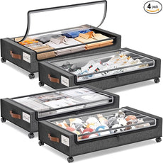 Yecaye Under Bed Storage with Wheels, 4 Pack 60L Under Bed Rolling Storage with Clear Window & Label, Underbed Storage Containers, Rolling Under Bed Metal Drawer for Clothes, Shoes, Books