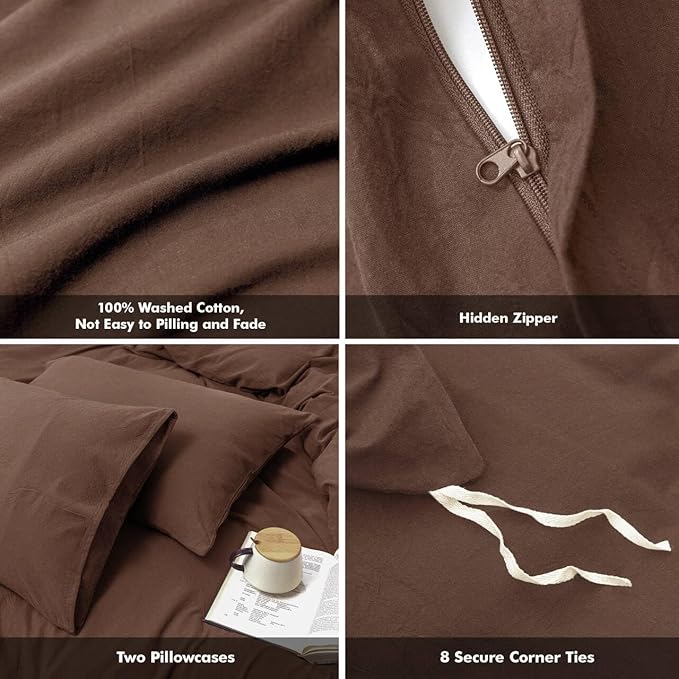 FOSSA Duvet Cover Set 100% Washed Cotton Linen Feel Super Soft Breathable Cozy 3 Pieces Bedding Sets Solid Cocoa Brown Oversized King