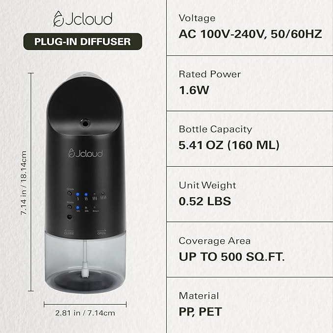 JCLOUD 2025 Plug in Diffuser for Essential Oils, Waterless Scent Diffuser Cover Up to 500 Sq. Ft. for Home, Office, Spa - Portable Wall Aromatherapy Device 160ML, Black