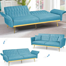 70” Velvet Futon Sofa Bed with 2 Pillows and Adjustable Armrests, Convertible Sleeper Bed W/Adjustable Backrests, Modern Loveseat for Living Room, Bedroom, Baby Blue