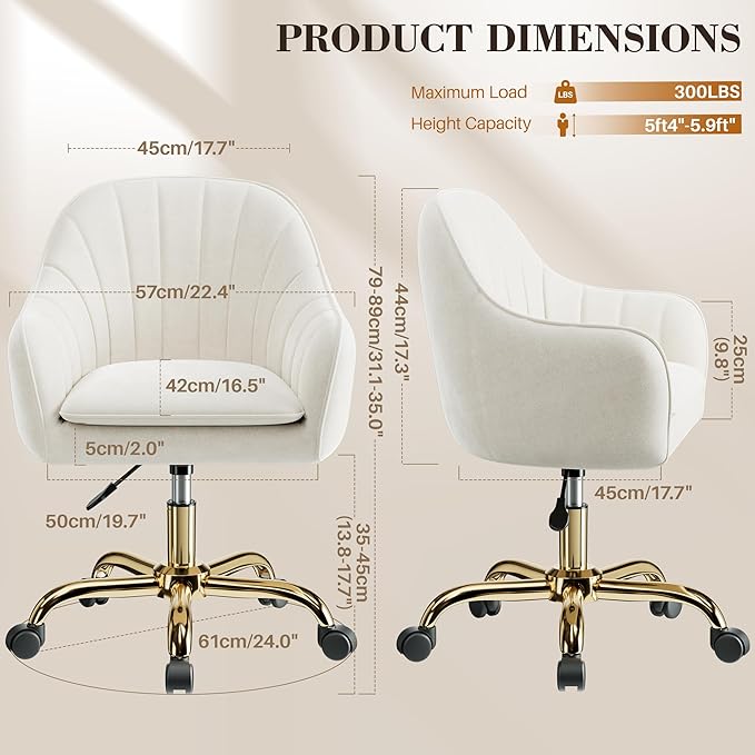 Vanity Chair with Wheels, Comfy Home Office Desk Chairs Adjustable Modern Velvet Makeup Vanity Chairs for Bedroom Living Room-Beige
