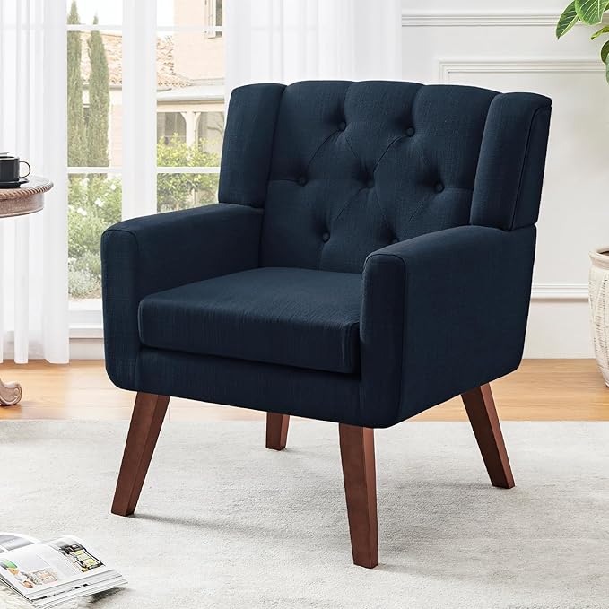Accent Chair Button-Tufted Upholstered Living Room Chairs Comfy Reading Chair Mid Century Modern Chair with Linen Fabric Lounge Arm Chairs for Living Room Bedroom (Navy Blue)