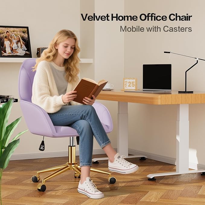 Home Office Desk Chair Comfy with Adjustable Swivel Wheels, Modern Velvet Makeup Vanity Chair with Back & Pillow, Ergonomic Office Chair Computer Task Chair for Living Room, Bedroom, Purple