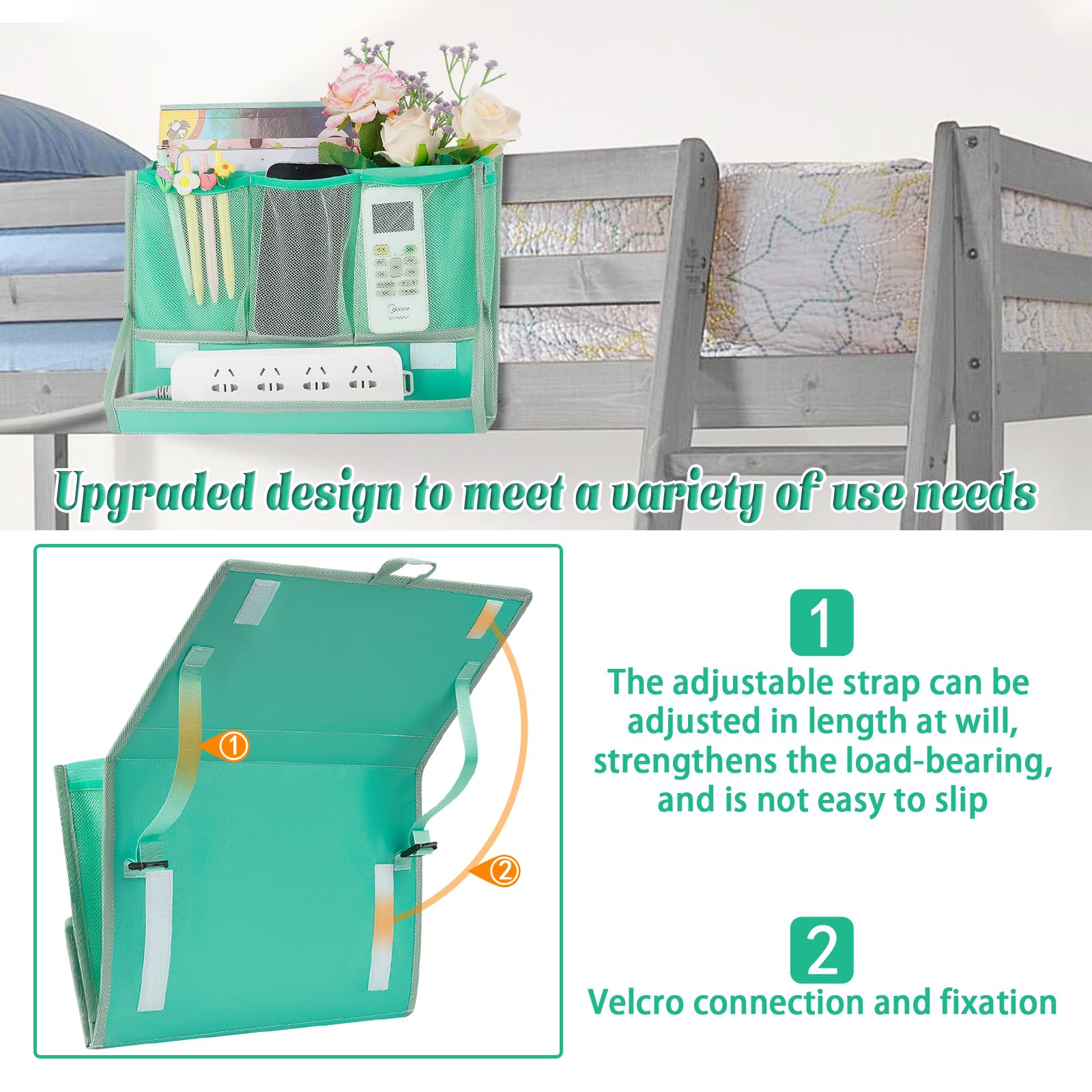 Bedside Caddy Bedside Storage Organizer Bedside Organizer with Power Strip Holder and 2 Adjustable Straps for Home Bunk Bed College Dorm Sofa (White) Dormly