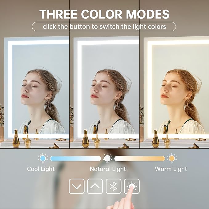 Hasipu Vanity Mirror with Lights, 50" x 34" LED Makeup Mirror, Lighted Makeup Mirror with Dimmable 3 Modes, Touch Screen Control Vanity Mirror Square White