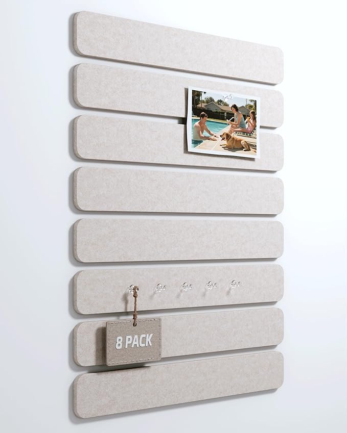 Cork Board Alternative Felt Strip Board 8-Pack 13"x2", Office Pin Board with 50 Push Pins, Adhesive Install for Bedroom Door & Home Office(Oatmeal)
