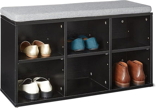 Amazon Basics Shoe Storage Bench with Cushion, Shoe Rack 6 Cubbies, Adjustable Shelves, Black