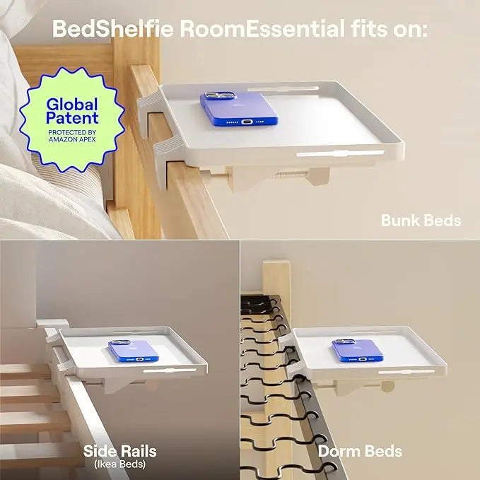 BedShelfie Bedside Shelf for Dorm Room Bunk Bed & Top Bunk, College Dorm Room Essentials, Bedside Caddy, Clip on Floating Tray, Bed Side Table Storage, Loft Nightstand Decor - Dorm Essential, White BedShelfie
