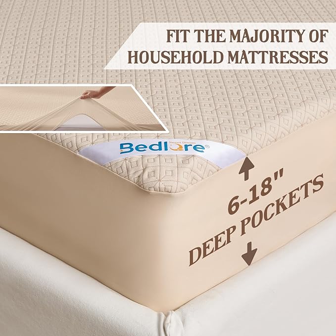 BEDLORE King Size Mattress Protector, Waterproof Noiseless Mattress Cover with Stretchable Pockets for 6-15 inches Mattress, Soft Breathable Mattress Pad for College Dorm (Beige)
