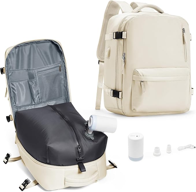 Vacuum Compression Backpack, Travel Vacuum Backpack with Electric Vacpack Pump, Flight Approved Carry On Personal Item Suitcase Luggage for Men Women, Beige, Large