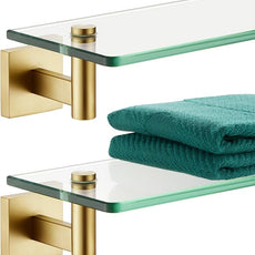 KOKOSIRI Wall Shelves Floating Shelf 20'' Gold Stainless Steel Bathroom Hardware Tempered Glass Hanging Rack Storage/Room Decor 2 Pack B1105BG-L20-P2