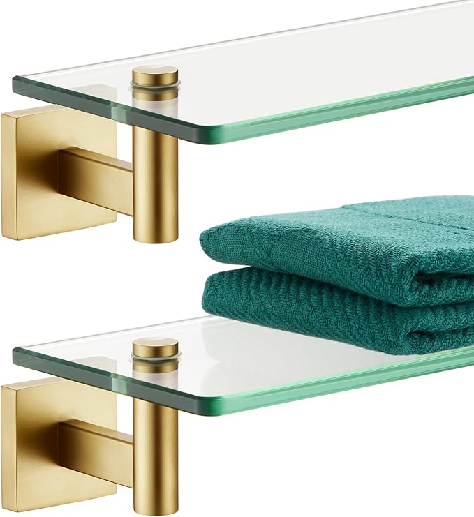 KOKOSIRI Wall Shelves Floating Shelf 20'' Gold Stainless Steel Bathroom Hardware Tempered Glass Hanging Rack Storage/Room Decor 2 Pack B1105BG-L20-P2