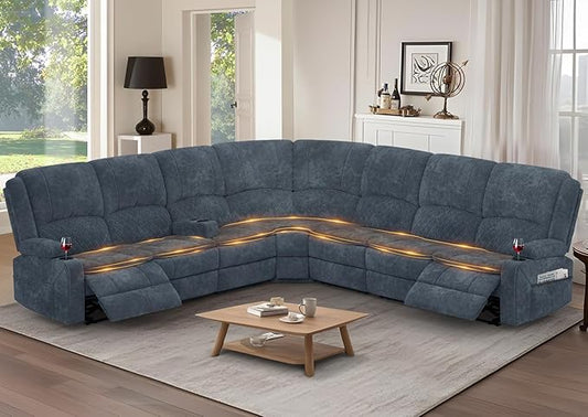 Manual Reclining Sectional Sofa Set, 7 Seats Soft Fabric Recliner Corner Sectional Couch, Family-Sized L-Shaped Recliner Couch with USB Charging, Thickened Padding, Sturdy Frame, Blue