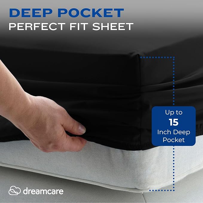 DREAMCARE King Size Sheets Set - Cooling Bed Sheets - 4pcs Set - up to 15" Deep Pocket King Sheet Set – Soft & Long Lasting Cooling - 100% Fine Brushed Polyester with Side Pocket - Black