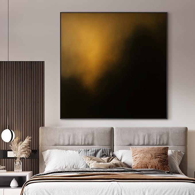 60"x60" XL Framed Wall Art - Dark Abstract Golden Light Glow on Black Modern Painting Minimalist Foggy Forest Tranquil (Frame Assembly Required)