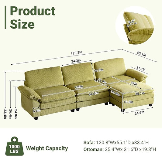 VINGLI 121" L Shape Sectional Couch, Convertible Sectional Couch for Living Room & Apartment,Modern 3-Seat Convertible Modular Sofa with 1 Ottoman，Corduroy,Olive Green