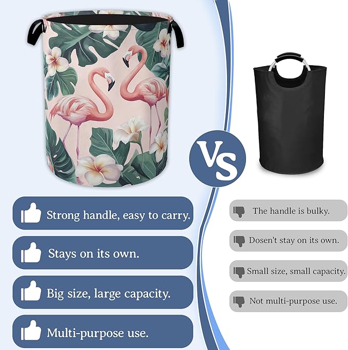 Pink Flamingo Laundry Basket,Foldable Waterproof Oxford Cloth Tote Bag Palm Leaf Laundry Hamper with Handles,20.8"x16" Clothes Storage Bucket Organizer for Laundry Room, Bathroom, Bedroom