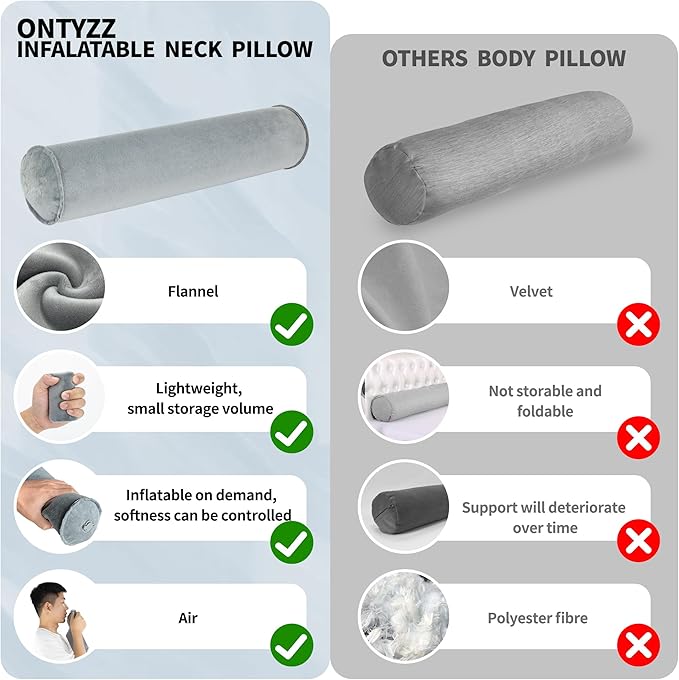 ONTYZZ Inflatable Round Neck Pillow Cervical Roll Pillow Cylinder Bolster Pillow for Head, Neck, Back, Legs and Yoga, Grey（4.92 * 14.96）