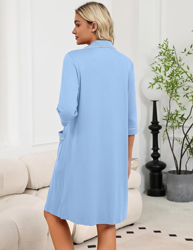 Ekouaer Zipper Robes for Women 3/4 Sleeve Housecoats Knee Length Bathrobe Lightweight Nightgown with Pockets S-3XL