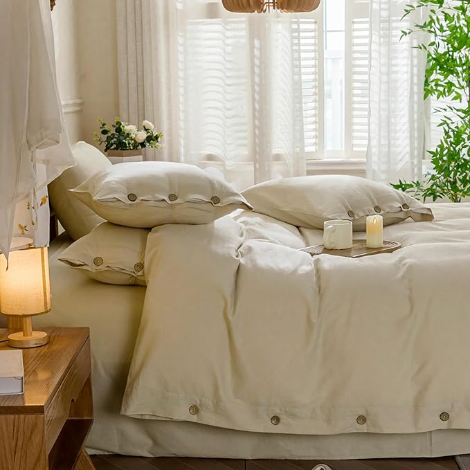 JELLYMONI Cotton Duvet Cover Twin XL Size - Light Khaki Comforter Cover with Button 100% Washed Cotton 2PCS Breathable Soft Solid Bedding Set Duvet Cover 66×92in & 1 Pillowcase (NO Comforter)