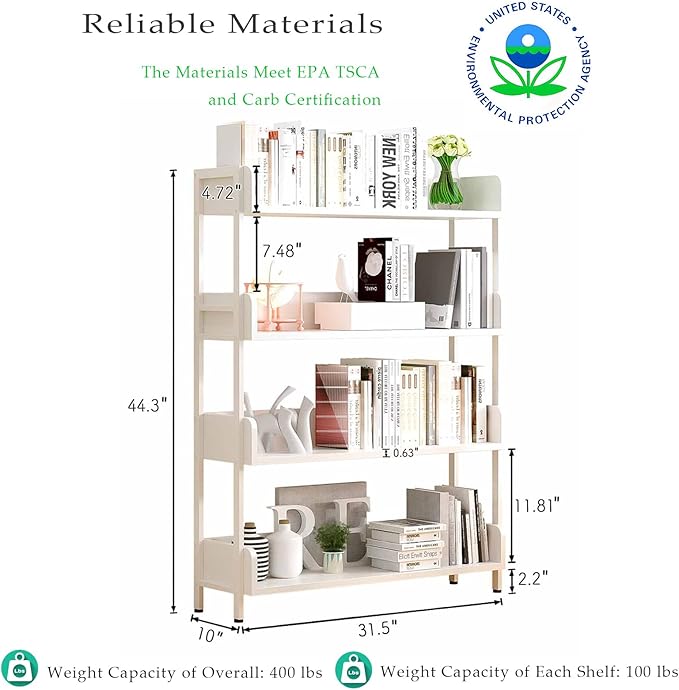 Wide Open Shelf Bookcase - Modern 4-Tier Free Standing Display Bookshelf with Three-Side Panels and Metal Frame for Home and Office, Storage Shelving, Warm White