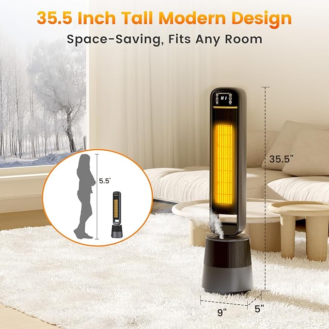 Auertech Space Heater with Humidifier, 2 in 1 Portable Electric Heater with 1.75L Water Tank, Oscillating Room Heaters with 12H Timer, 35.5" Tower Heaters for Indoor Use Large Room, Office, Bedroom