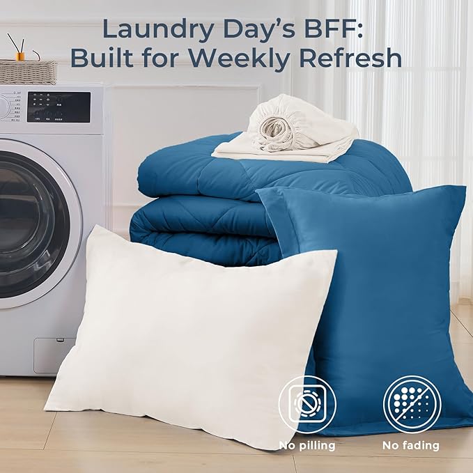 HEVUMYI Teal Blue & Ivory Twin Comforter Set - 5-Piece All Season Bed in a Bag Twin, Ultra Soft Bedding Set with Comforter, Flat Sheet, Fitted Sheet, Pillowcases, Pillow Shams, Teal Blue & Ivory