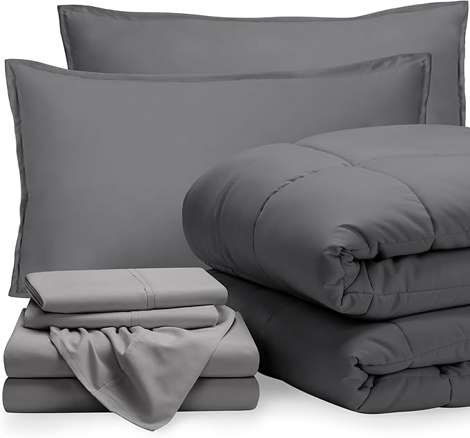 Bare Home Bed-in-A-Bag 7 Piece Comforter & Sheet Set - King - Goose Down Alternative - Ultra-Soft 1800 Premium - Bed Set (King, Grey/Light Grey)