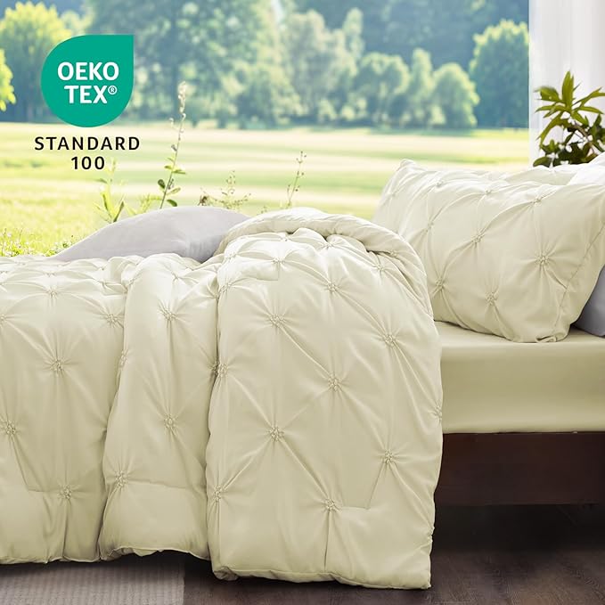 BEDELITE Beige Queen Comforter Set - 3 Pieces Boho Pintuck Bedding Comforter Sets, Lightweight Soft & Warm Bed Comforter Queen with 2 Pillowcases for All Season